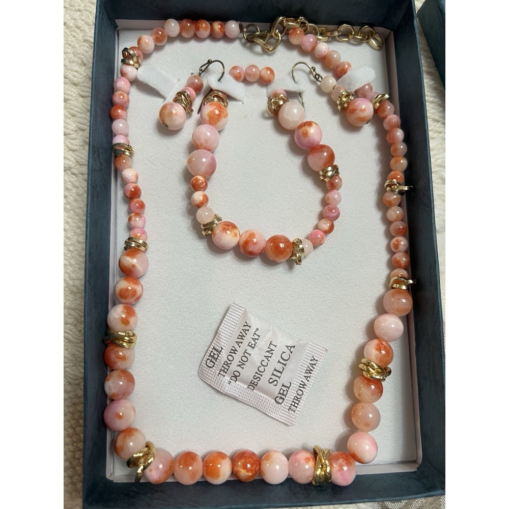 Coral Glass Bead‎ Necklace, Bracelet & Earrings Set. Gold Tone Spacers